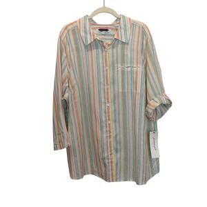 NWT Foxcroft Women's Sz 20W Tencel Linen Blend Stripe Button Up Shirt Roll Tab